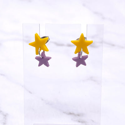 Yellow and Purple Small Star Dangle Stud Earrings. Mini Celestial Astrology Jewelry. Pastel Goth Wiccan Witch BOHO Polymer Clay Studs.