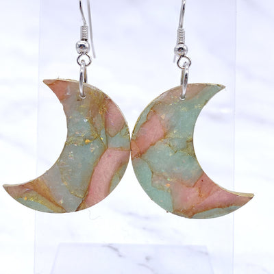 Pink and Blue Opal Moon Wire Hook Dangle Earrings. Celestial Cottagecore Minimalistic Polymer Clay Jewelry.