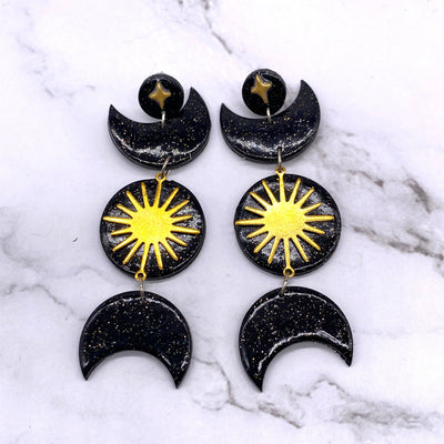 Black Moon and Star Polymer Clay Earrings. Black Clay witchcore cottagecore pastel goth BOHO Witch jewelry