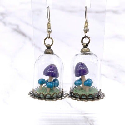 Teal and Purple Mushroom Terrarium Glass Dome Wire Hook Earrings forest. Witch cottagecore hedge witch pagan Wiccan botanical jewelry