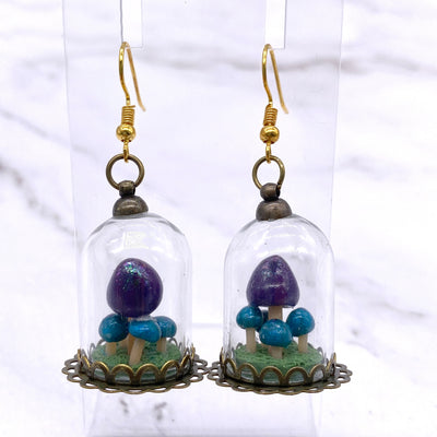 Teal and Purple Mushroom Terrarium Glass Dome Wire Hook Earrings forest. Witch cottagecore hedge witch pagan Wiccan botanical jewelry