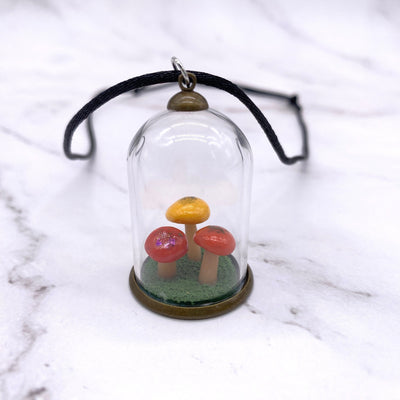 Red Yellow Mushroom Terrarium Necklace. Polymer Clay Toad Stool Mushroomcore Cottagecore Witch jewelry