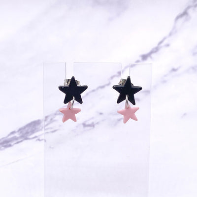 Black and Pink Small Star Dangle Stud Earrings. Mini Celestial Astrology Jewelry. Pastel Goth Wiccan Witch BOHO Polymer Clay Studs.