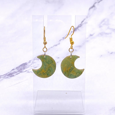 Green Gold Moon Wire Hook Dangle Earrings. Celestial Cottagecore Minimalistic Polymer Clay Jewelry.