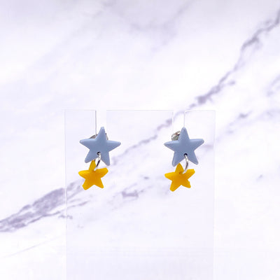 Blue and Yellow Small Star Dangle Stud Earrings. Mini Celestial Astrology Jewelry. Pastel Goth Wiccan Witch BOHO Polymer Clay Studs.