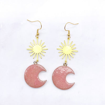 Crescent Moon and Sun Dangle Wire hook Earrings. Pastel Pink Cottagecore BOHO Celestial Jewelry