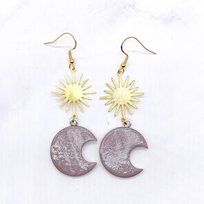 Crescent Moon and Sun Dangle Wire hook Earrings. Pastel Purple Cottagecore BOHO Celestial Jewelry