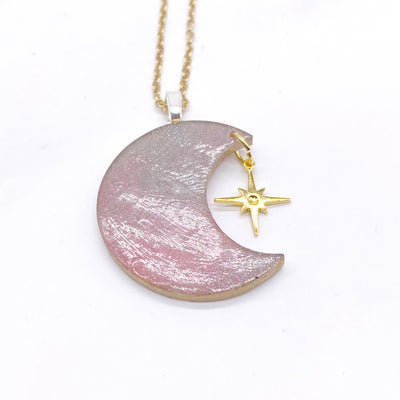 Moon and Star Polymer Clay Necklace. Pastel Pink and Purple BOHO Celestial Jewelry