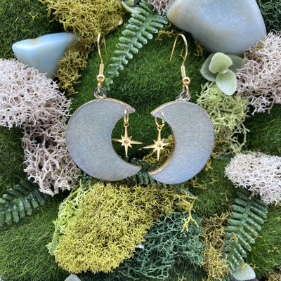 Green Moon Wire Hook Dangle Earrings. Celestial Cottagecore Minimalistic Polymer Clay Jewelry.