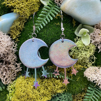 Holographic Moon wire hook earrings Geometric Celestial Witchcore Lunar Dainty Cottage Core Pastel Goth Jewelry