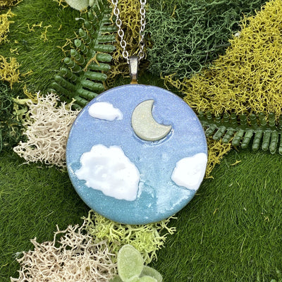 Blue Twilight Moon jewelry. Glowing Cottage Core Kawaii Pastel Goth Moon phase Statement necklace