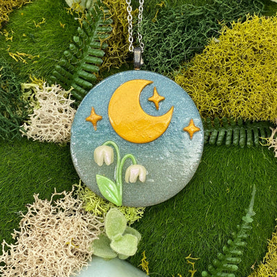 Blue lily of the valley Moon jewelry. Glowing Cottage Core Kawaii Pastel Goth Moon phase Statement necklace