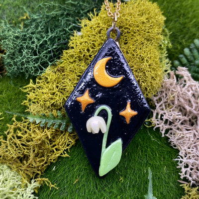 Black lily of the valley Moon jewelry. Glowing Cottage Core Kawaii Pastel Goth Moon phase Statement necklace