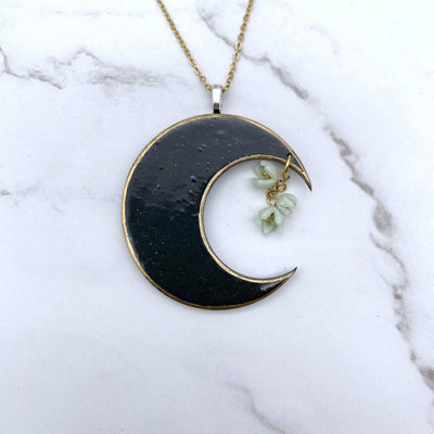 Lily of the Valley Black Moon Necklace. Cottagecore Witchy Celestial Crescent moon jewelry