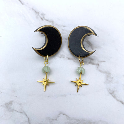 Celestial Black Crescent moon Lily of the Valley Studs. Cottagecore Earrings