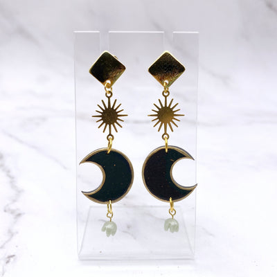 Celestial Black Crescent moon Lily of the Valley Studs. Cottagecore Botanical Sun Earrings