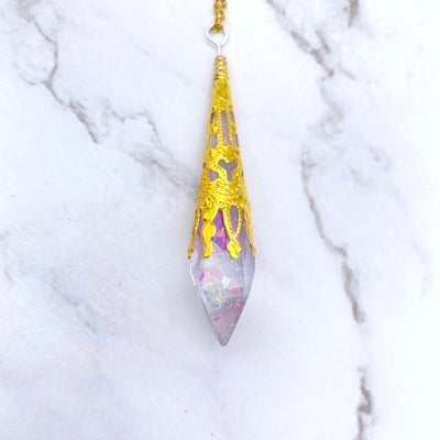 Clear Rainbow Kaleidoscope Pendulum Necklace | Iridescent Witch Dowsing Divination Jewelry